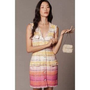 NWT Anthropologie Sleeveless Tweed Mini Dress 6 $178 Yellow Pink Sheath